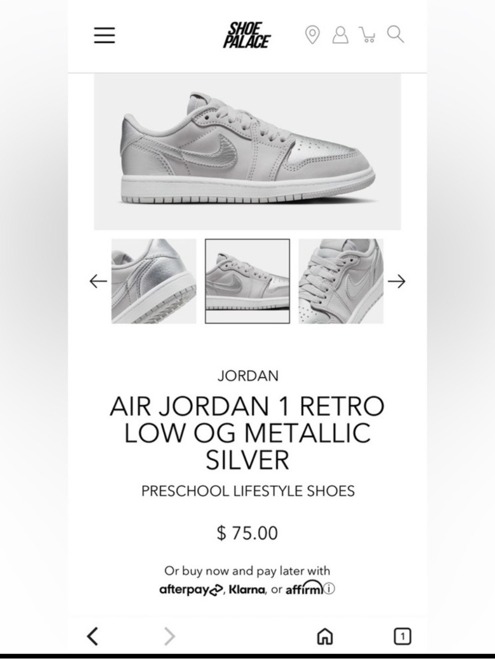Nike Air Jordan 1 Low OG Metallic Silver Kids Size 10C Sneakers